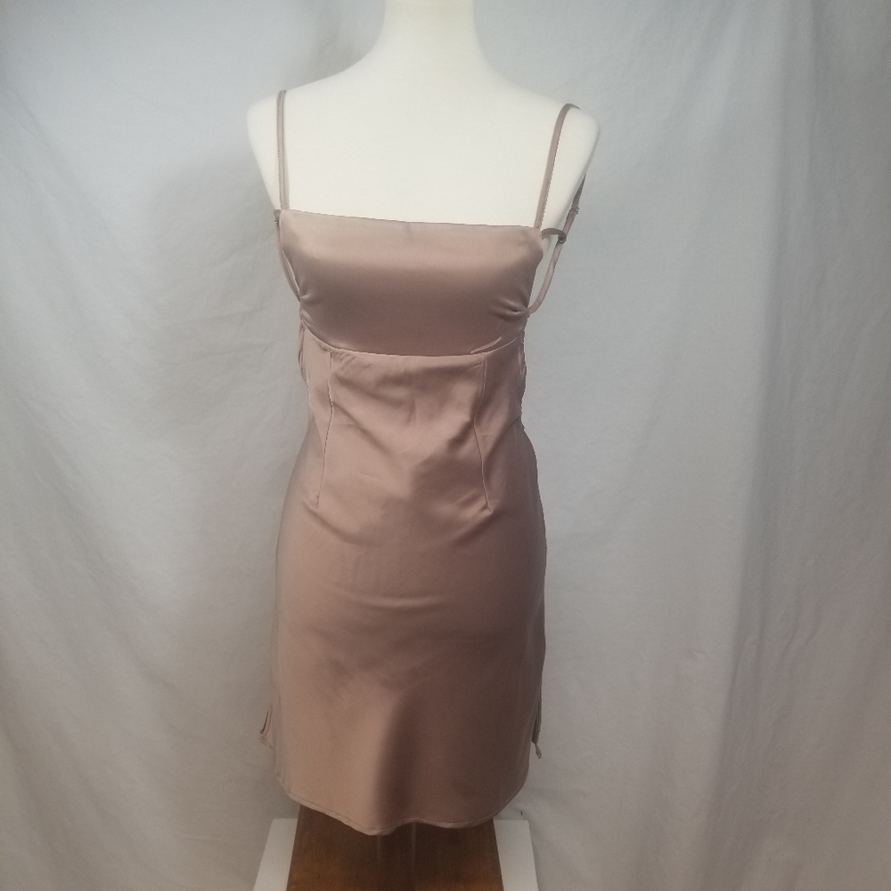 Fiestar Mini Dress Taupe Women's Medium Empire Waist Strappy Back Formal